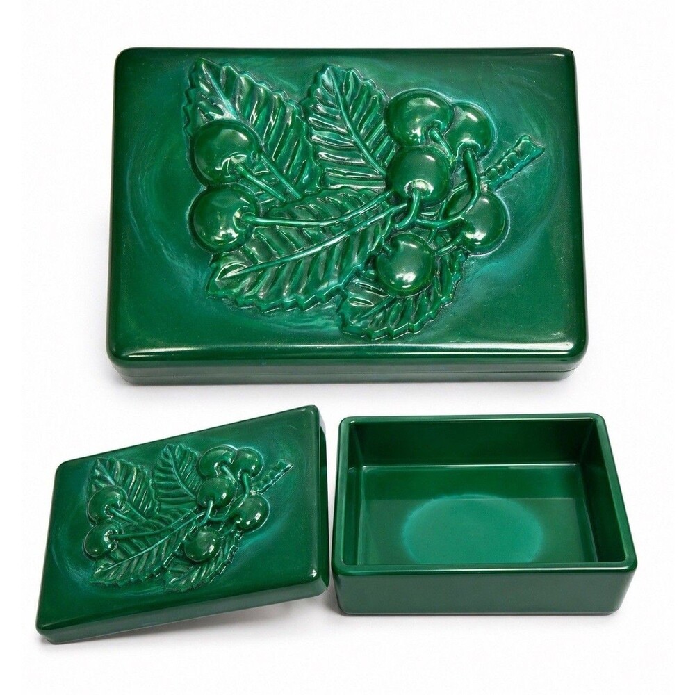 Vintage Bohemian Green Malachite Glass Trinket Box